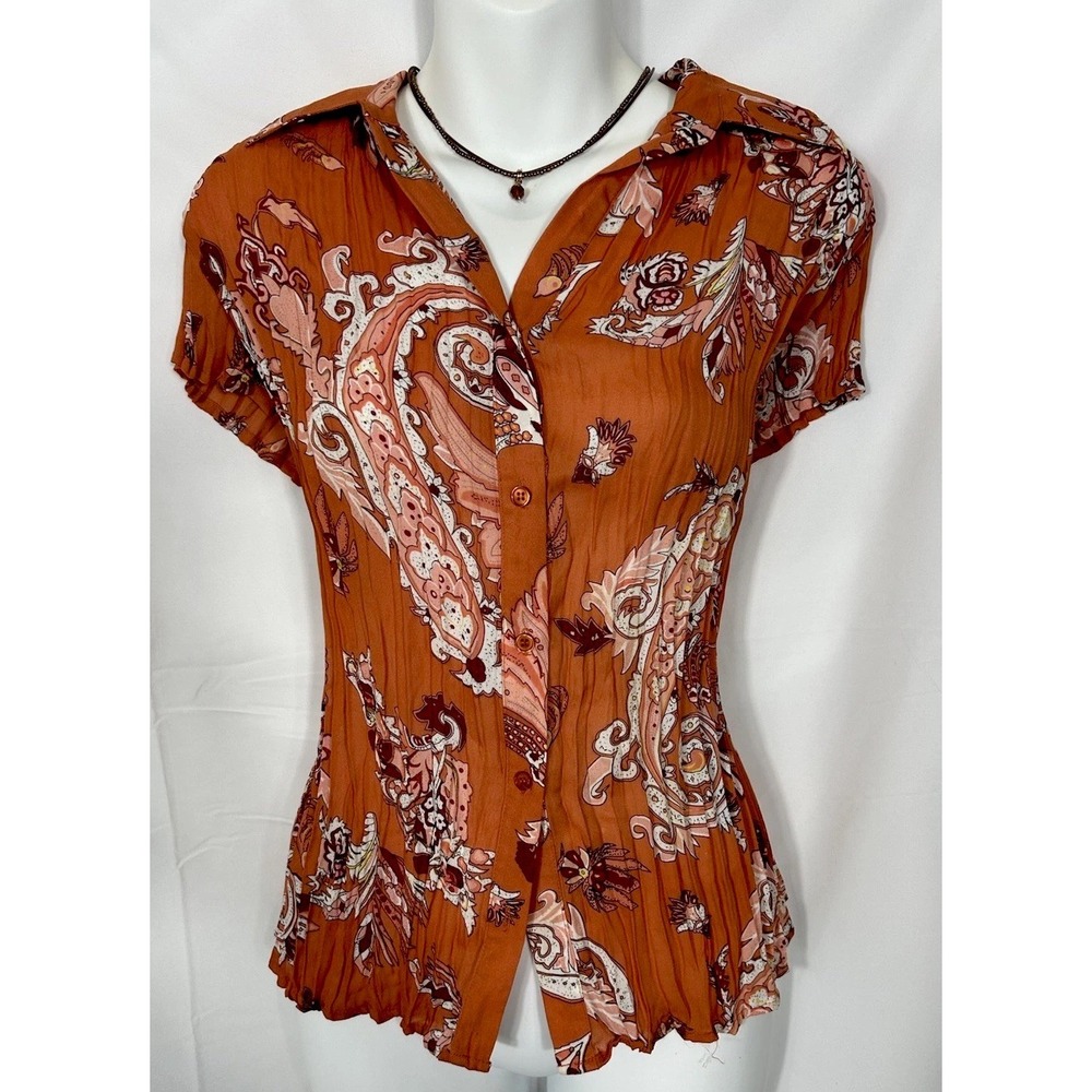 Como Womens Paisley‎ Scarf Print Crinkle Button Up Top Size XL Boho Fairy Hippie
